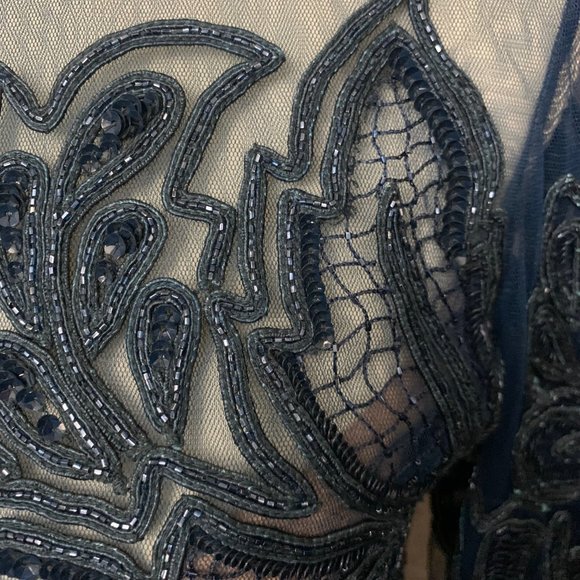 NWT Elie Saab Peacock Blue Sequin Beaded Long Sleeve Gown Dress, Sz 36 - Picture 5 of 14